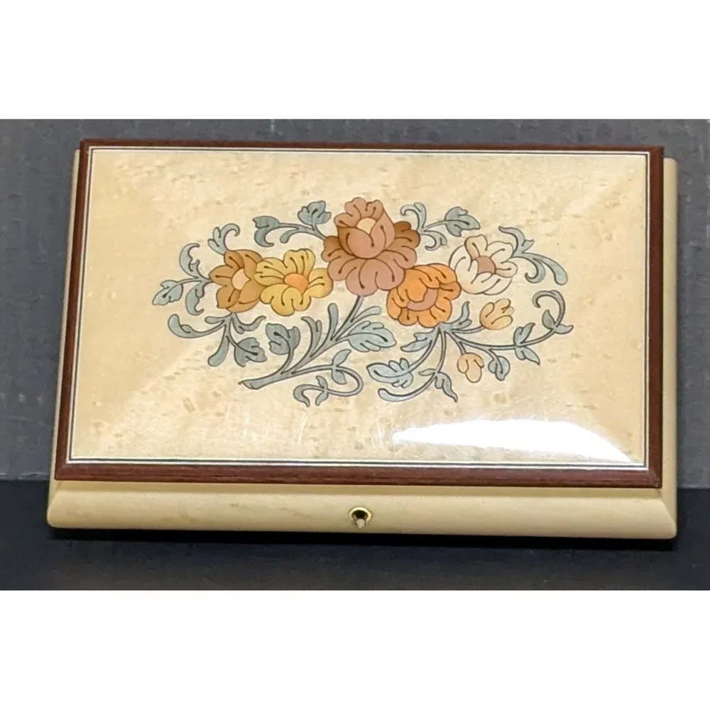Vtg 1970s Italian Floral Marquetry Jewelry Music Box Works 